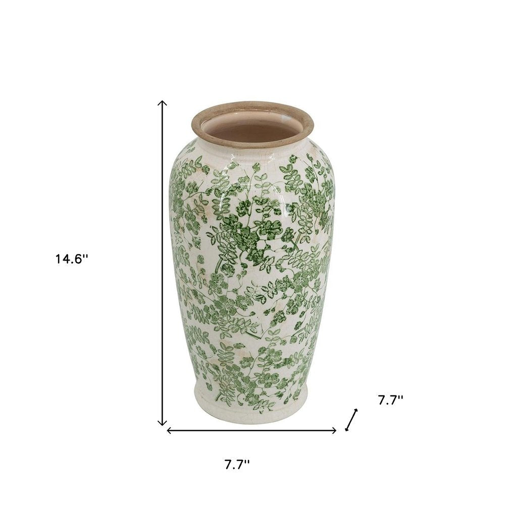 15" Green And White Leaf Ceramic Trumpet Table Vase HomeRoots
