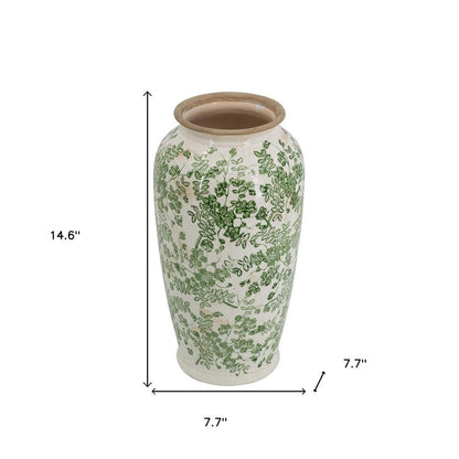 15" Green And White Leaf Ceramic Trumpet Table Vase HomeRoots