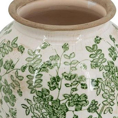 15" Green And White Leaf Ceramic Trumpet Table Vase HomeRoots