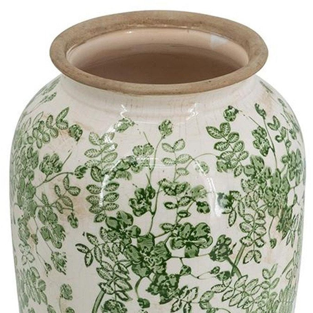 15" Green And White Leaf Ceramic Trumpet Table Vase HomeRoots