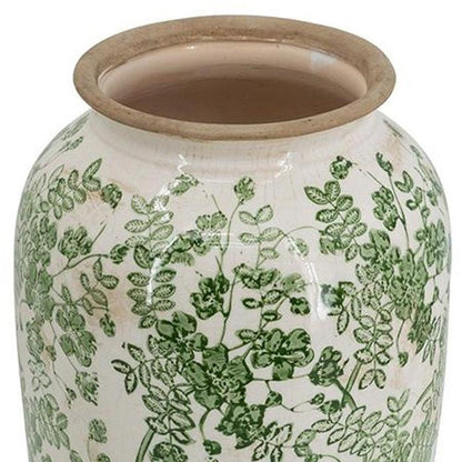15" Green And White Leaf Ceramic Trumpet Table Vase HomeRoots