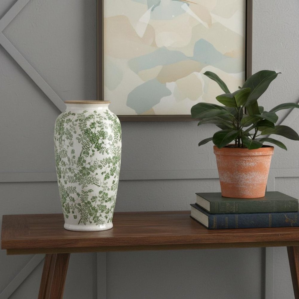 15" Green And White Leaf Ceramic Trumpet Table Vase HomeRoots