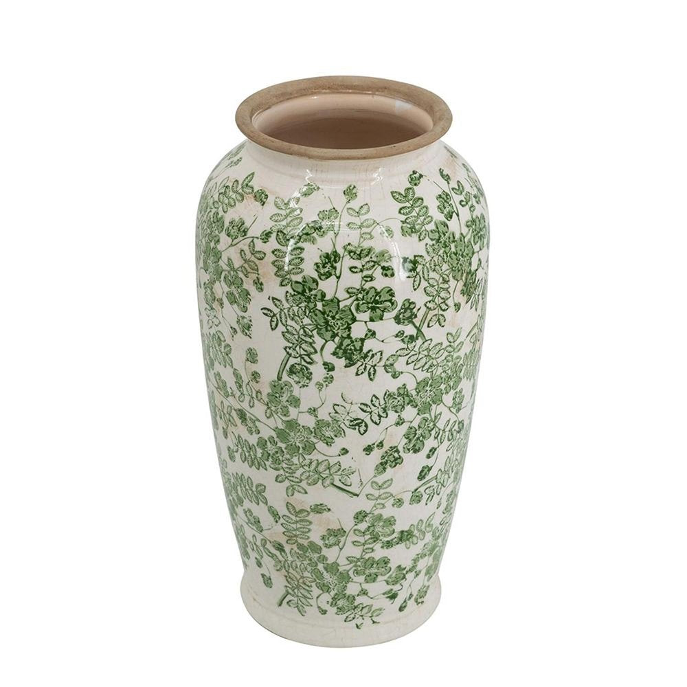 15" Green And White Leaf Ceramic Trumpet Table Vase HomeRoots