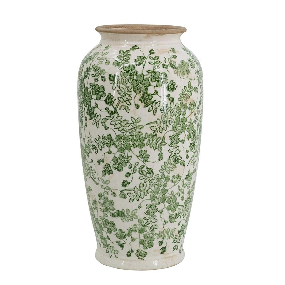 15" Green And White Leaf Ceramic Trumpet Table Vase HomeRoots