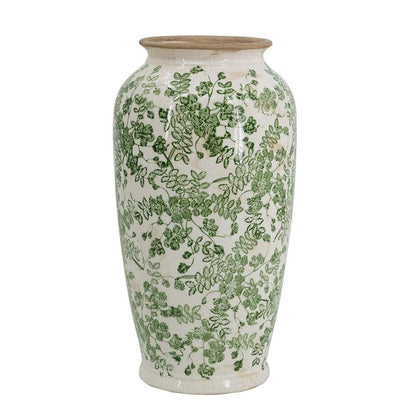 15" Green And White Leaf Ceramic Trumpet Table Vase HomeRoots