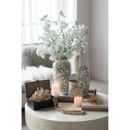 15" Green And White Leaf Ceramic Trumpet Table Vase HomeRoots