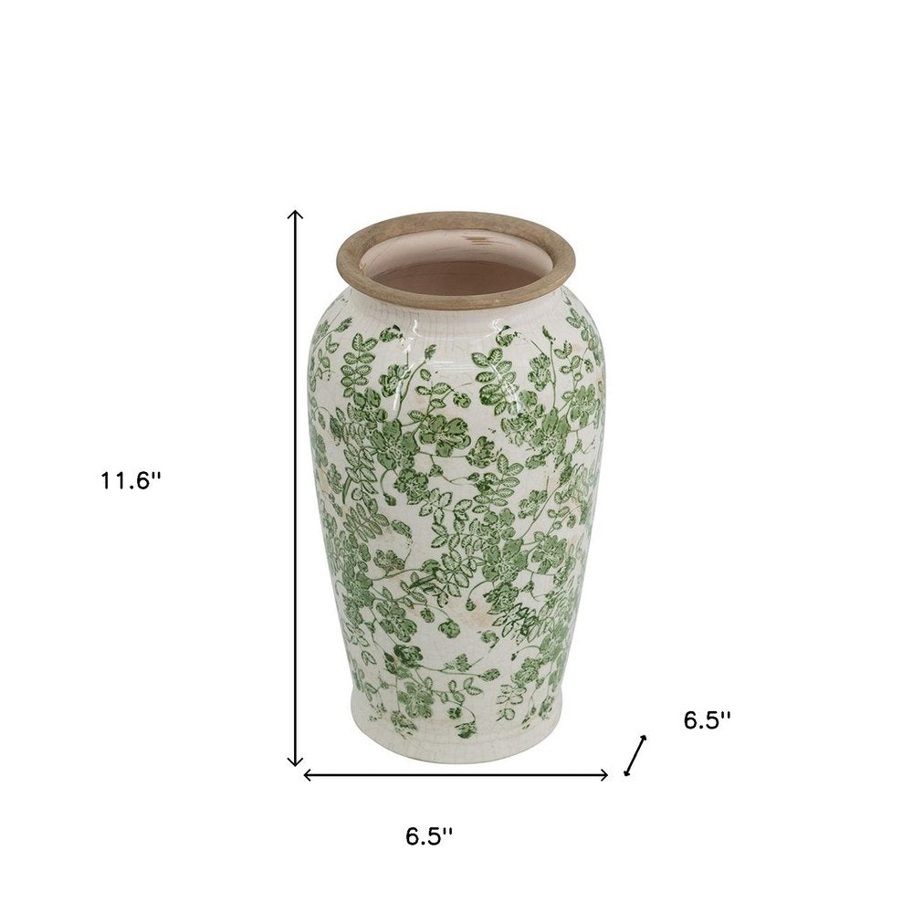 12" Green And White Leaf Ceramic Round Table Vase HomeRoots