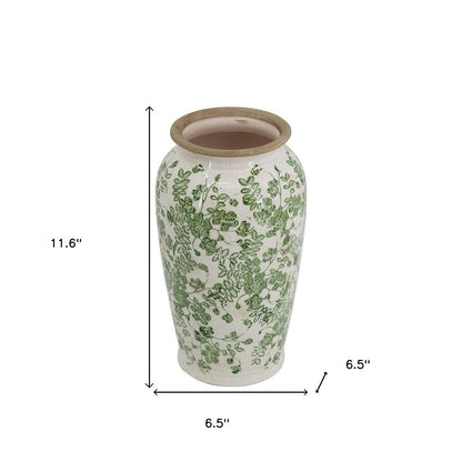 12" Green And White Leaf Ceramic Round Table Vase HomeRoots