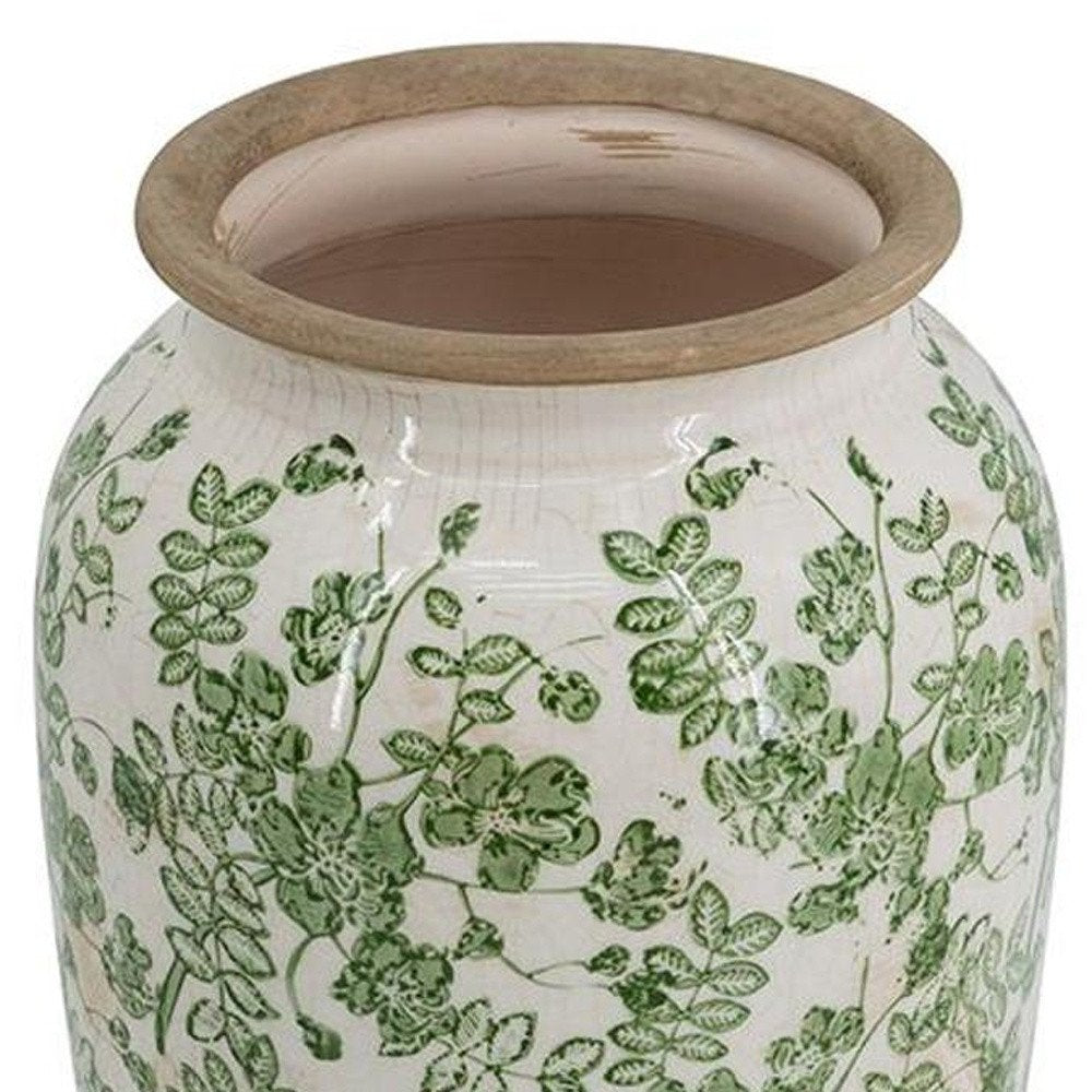 12" Green And White Leaf Ceramic Round Table Vase HomeRoots
