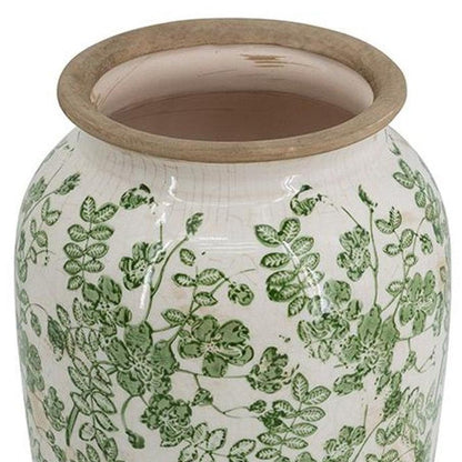 12" Green And White Leaf Ceramic Round Table Vase HomeRoots