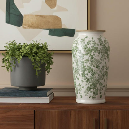 12" Green And White Leaf Ceramic Round Table Vase HomeRoots