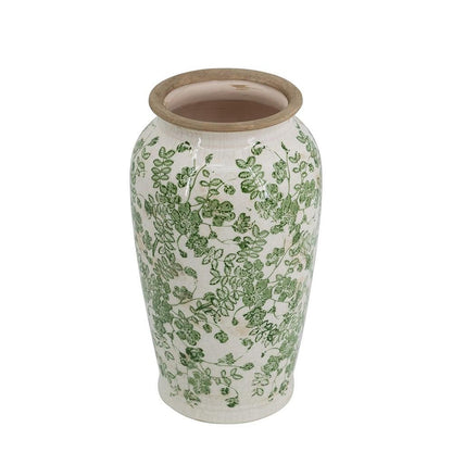 12" Green And White Leaf Ceramic Round Table Vase HomeRoots