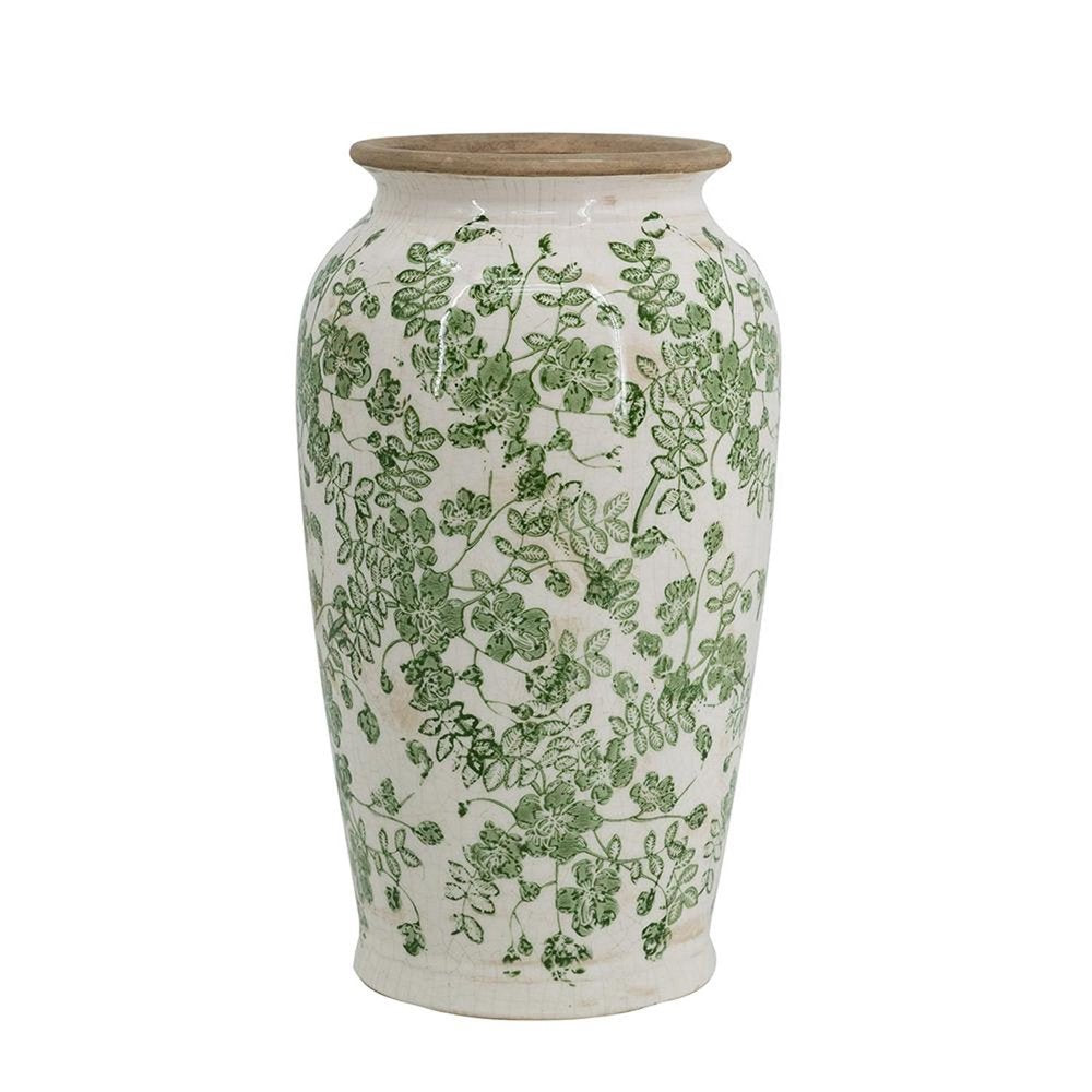 12" Green And White Leaf Ceramic Round Table Vase HomeRoots