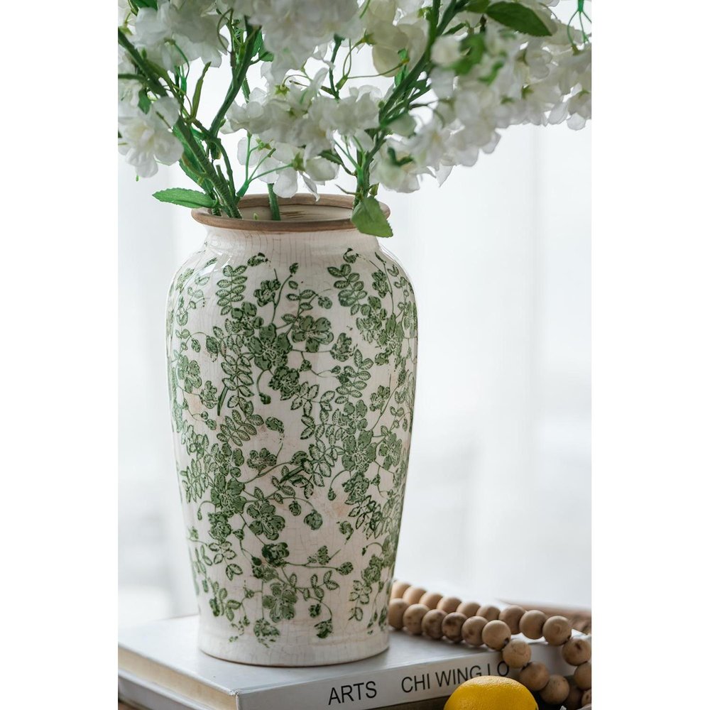 12" Green And White Leaf Ceramic Round Table Vase HomeRoots