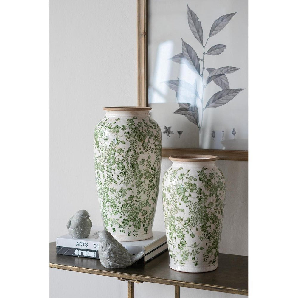 12" Green And White Leaf Ceramic Round Table Vase HomeRoots