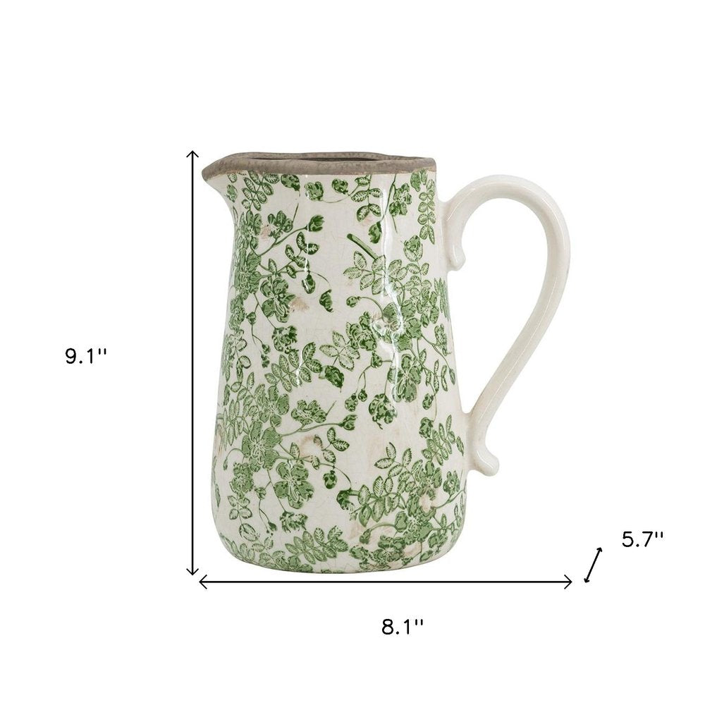 9" Green And White Leaf Ceramic Round Jug Vase HomeRoots