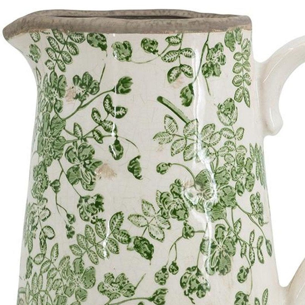 9" Green And White Leaf Ceramic Round Jug Vase HomeRoots