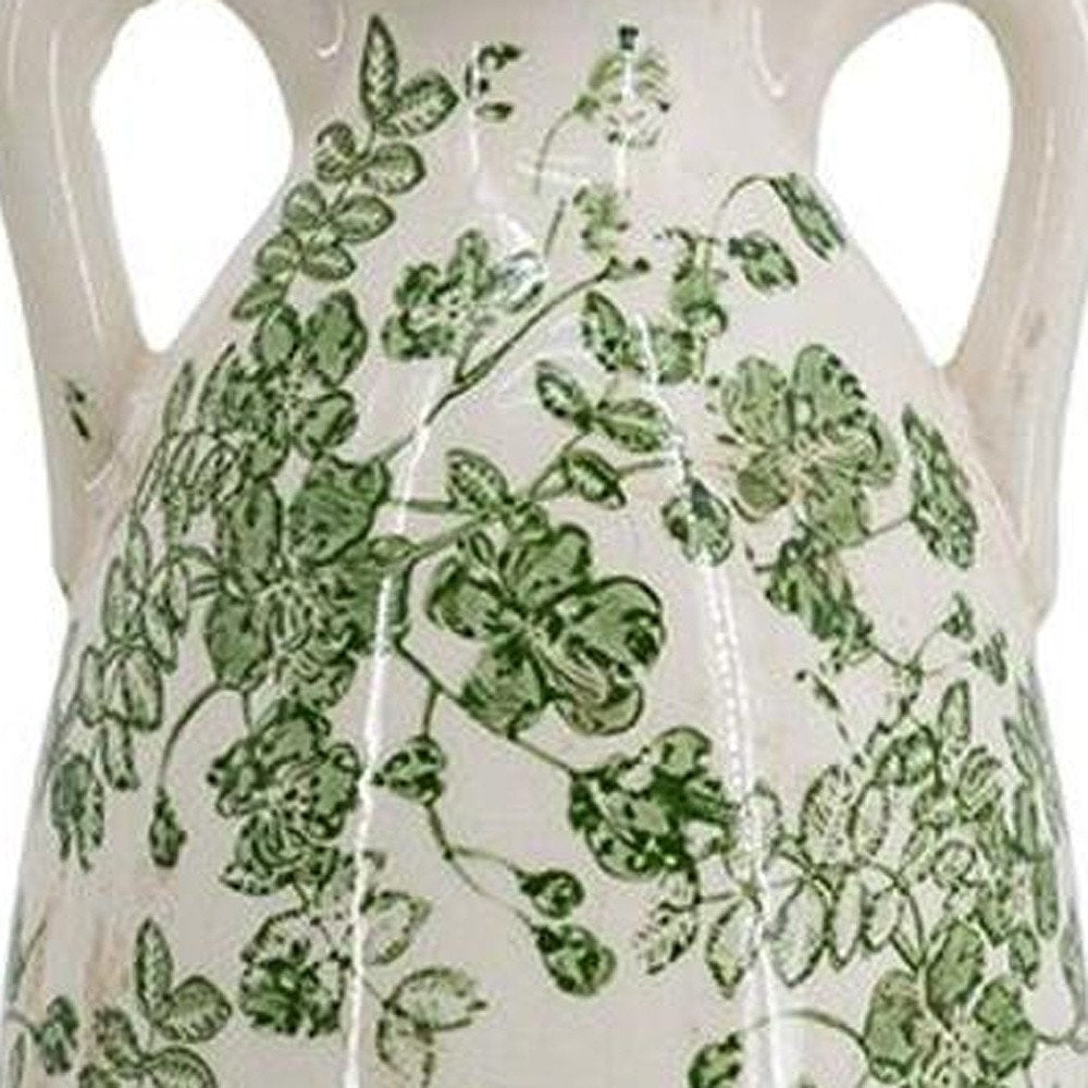 14" Green And White Leaf Ceramic Amphora Table Vase HomeRoots