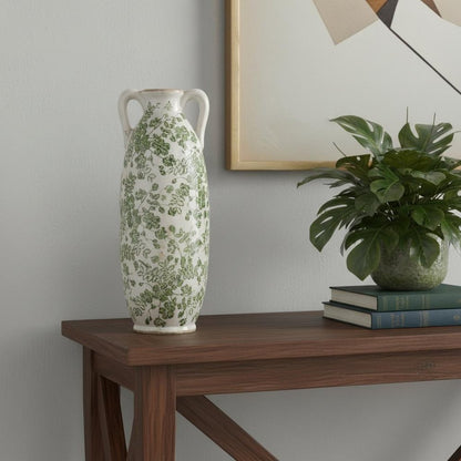 14" Green And White Leaf Ceramic Amphora Table Vase HomeRoots