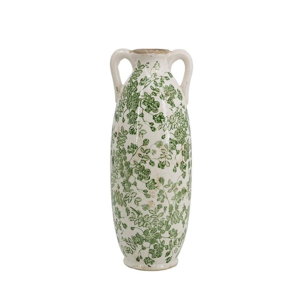 14" Green And White Leaf Ceramic Amphora Table Vase HomeRoots