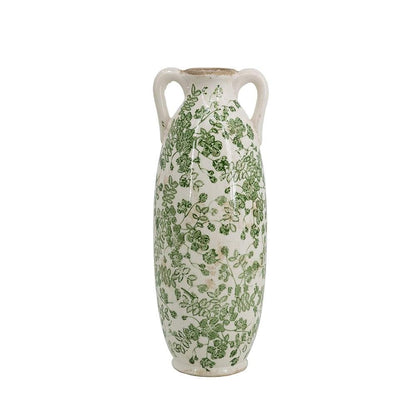 14" Green And White Leaf Ceramic Amphora Table Vase HomeRoots
