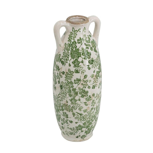 14" Green And White Leaf Ceramic Amphora Table Vase HomeRoots