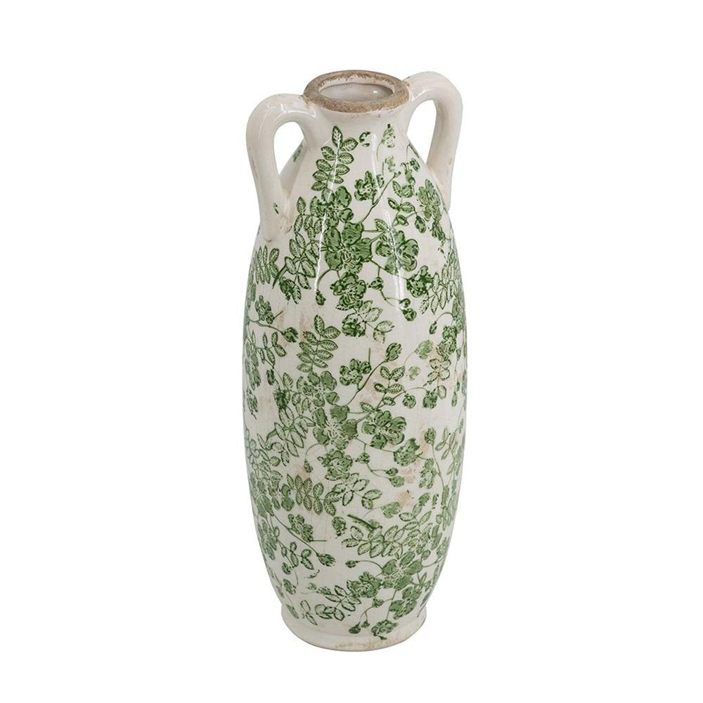 14" Green And White Leaf Ceramic Amphora Table Vase HomeRoots