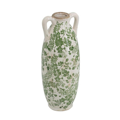 14" Green And White Leaf Ceramic Amphora Table Vase HomeRoots