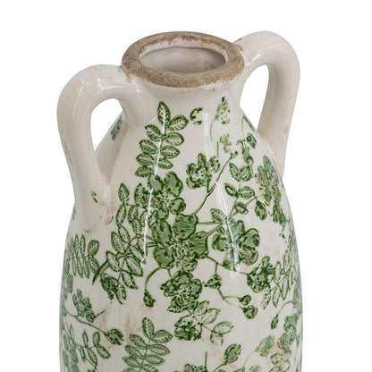 14" Green And White Leaf Ceramic Amphora Table Vase HomeRoots