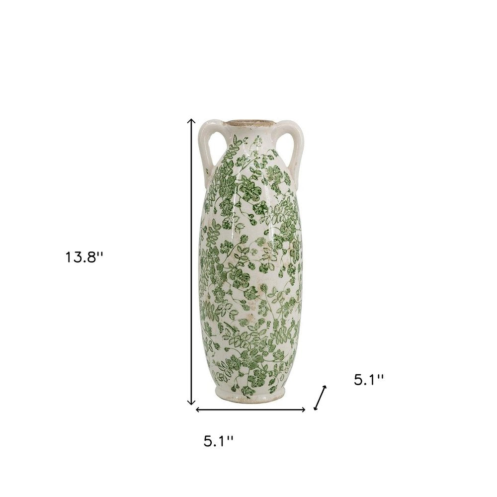 14" Green And White Leaf Ceramic Amphora Table Vase HomeRoots