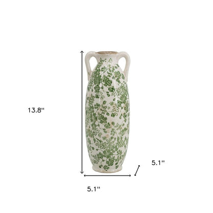 14" Green And White Leaf Ceramic Amphora Table Vase HomeRoots