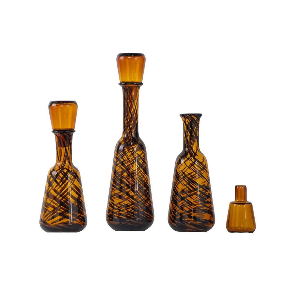 Set of Three Amber Abstract Swirl Glass Decorative Bottles With Stoppers HomeRoots