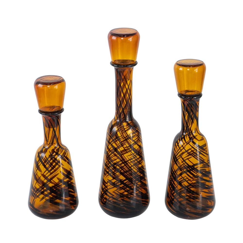 Set of Three Amber Abstract Swirl Glass Decorative Bottles With Stoppers HomeRoots