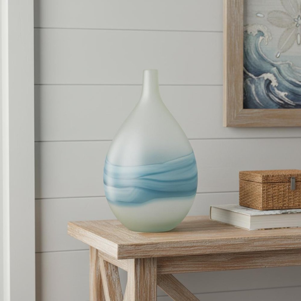 16" White And Blue Swirl Art Glass Table Vase HomeRoots