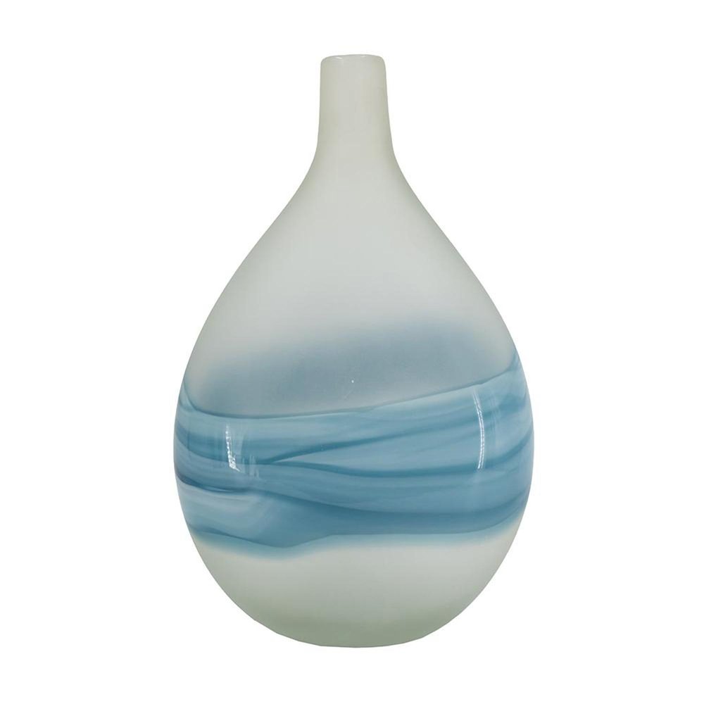 16" White And Blue Swirl Art Glass Table Vase HomeRoots