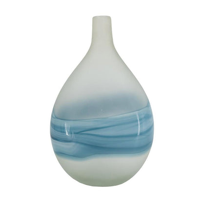 16" White And Blue Swirl Art Glass Table Vase HomeRoots