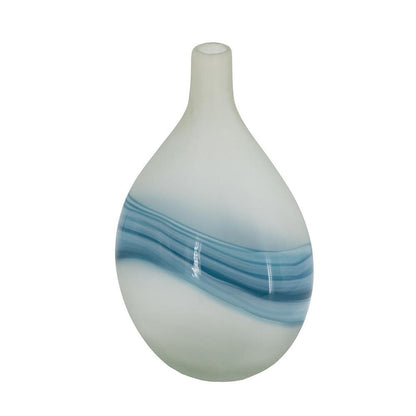 16" White And Blue Swirl Art Glass Table Vase HomeRoots
