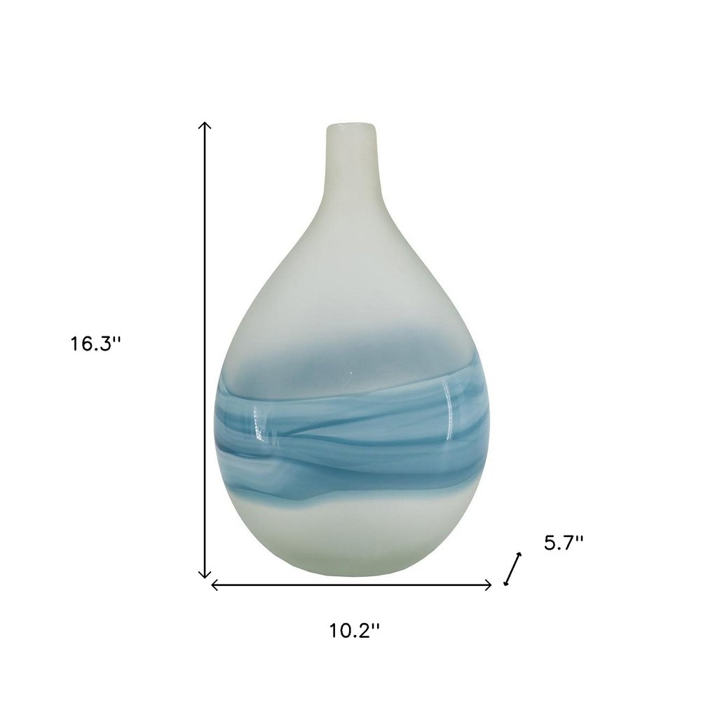 16" White And Blue Swirl Art Glass Table Vase HomeRoots
