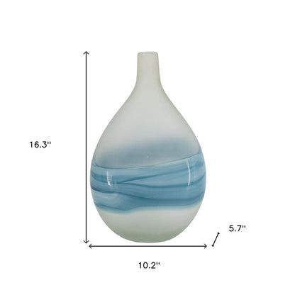 16" White And Blue Swirl Art Glass Table Vase HomeRoots