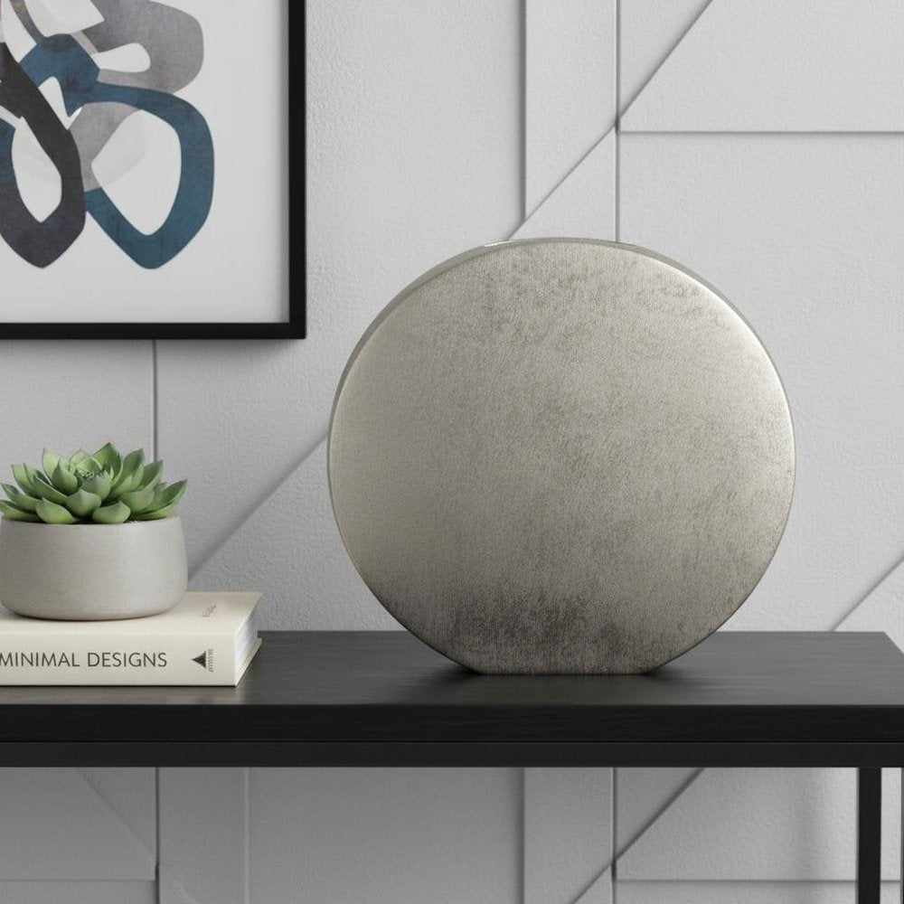 15" Silver Aluminum Round Disc Table Vase HomeRoots