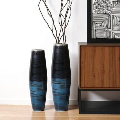 Set of Two Black And Blue Abstract Glass Cylinder Floor Vases HomeRoots