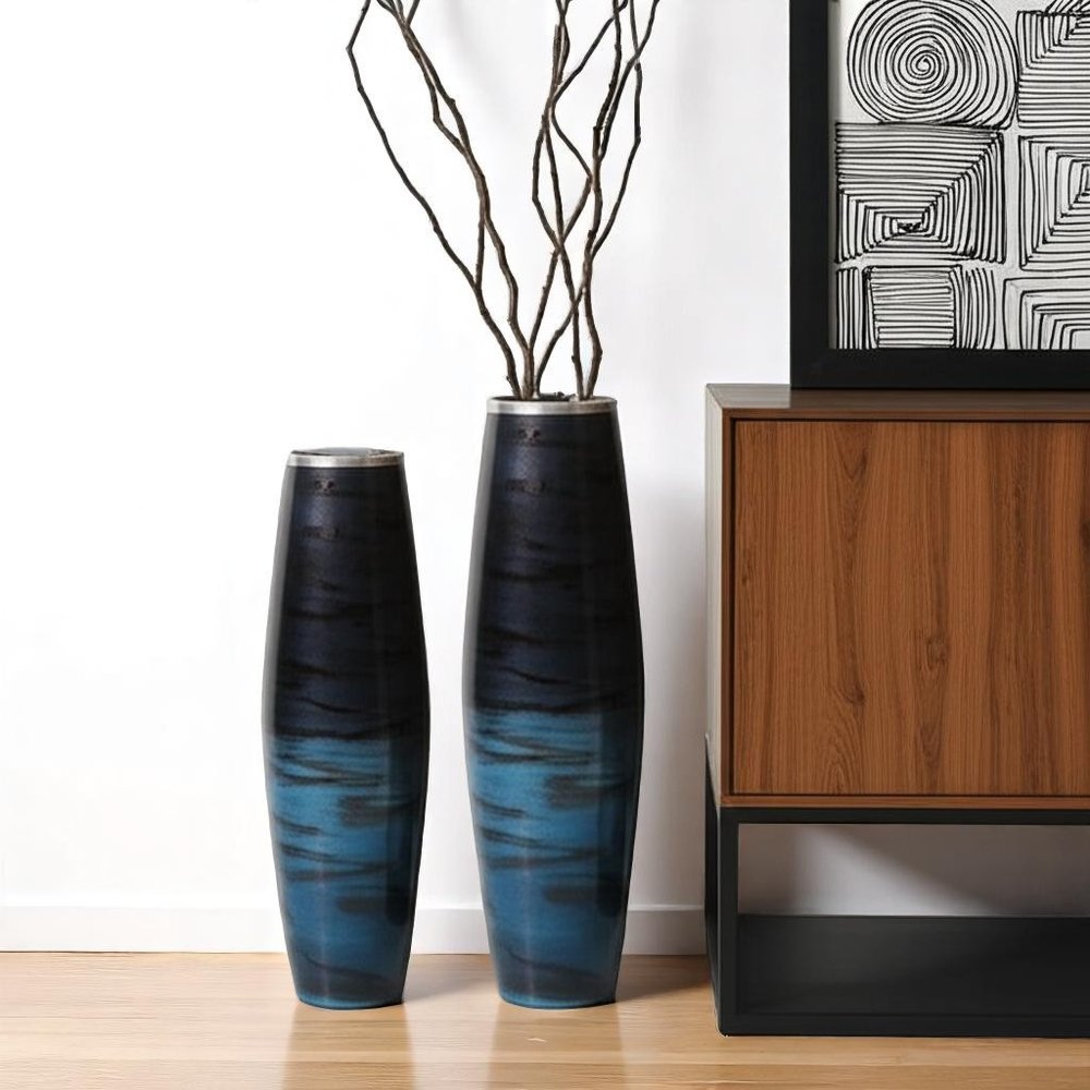 Set of Two Black And Blue Abstract Glass Cylinder Floor Vases — view 8