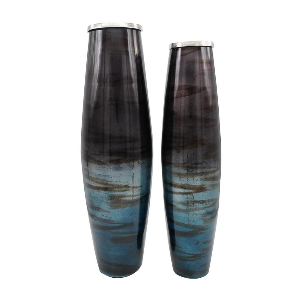 Set of Two Black And Blue Abstract Glass Cylinder Floor Vases HomeRoots