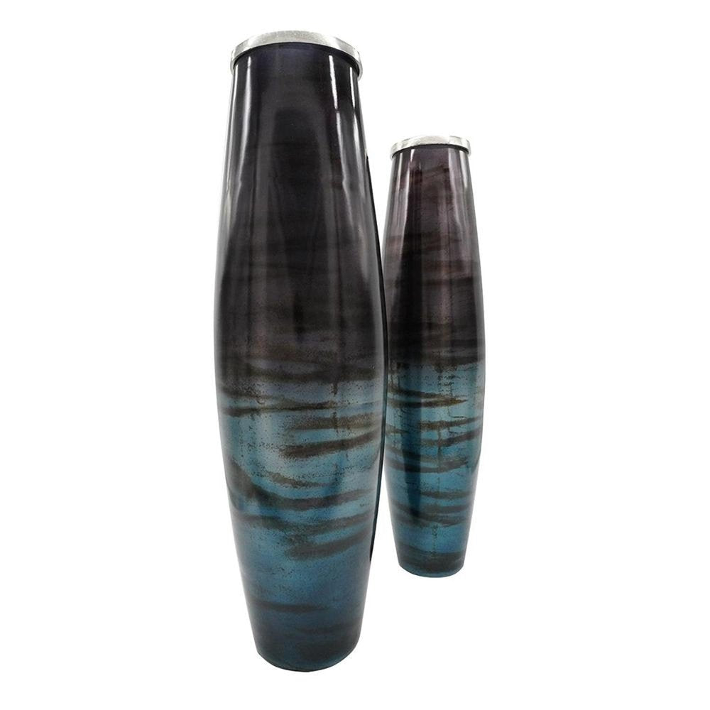 Set of Two Black And Blue Abstract Glass Cylinder Floor Vases HomeRoots