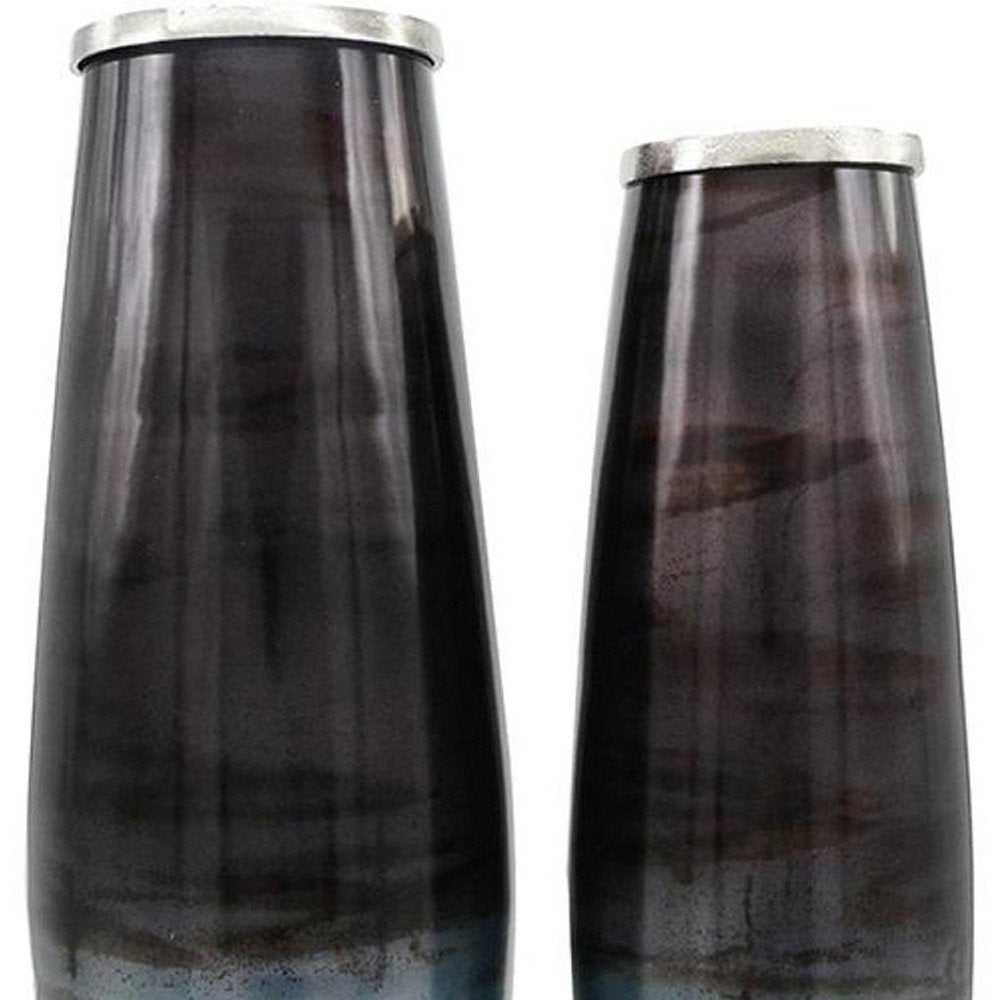Set of Two Black And Blue Abstract Glass Cylinder Floor Vases HomeRoots