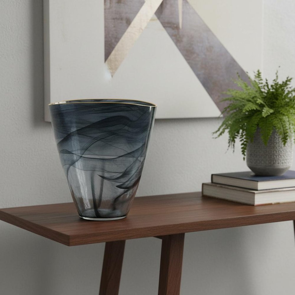 9" Charcoal Abstract Swirl Art Glass Table Vase HomeRoots