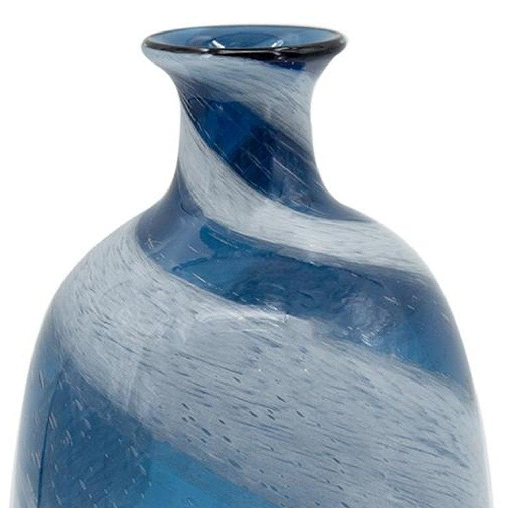 16" Blue And White Striped Swirl Art Glass Table Vase HomeRoots