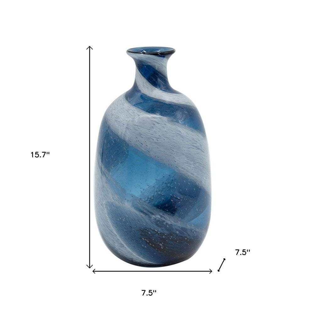 16" Blue And White Striped Swirl Art Glass Table Vase HomeRoots