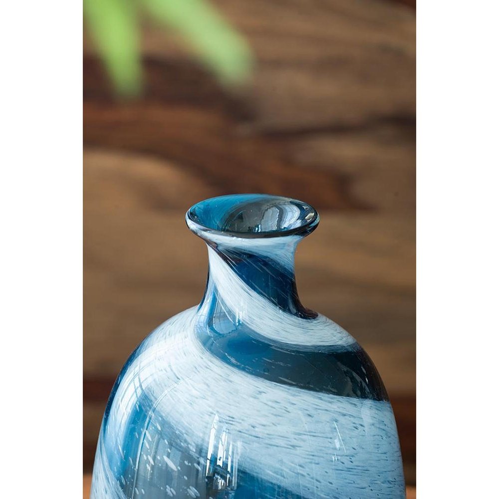 13" Blue And White Striped Swirl Art Glass Table Vase HomeRoots