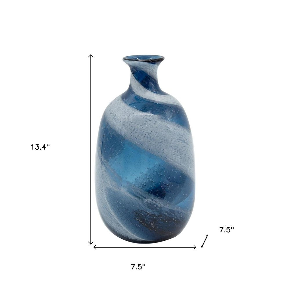 13" Blue And White Striped Swirl Art Glass Table Vase HomeRoots